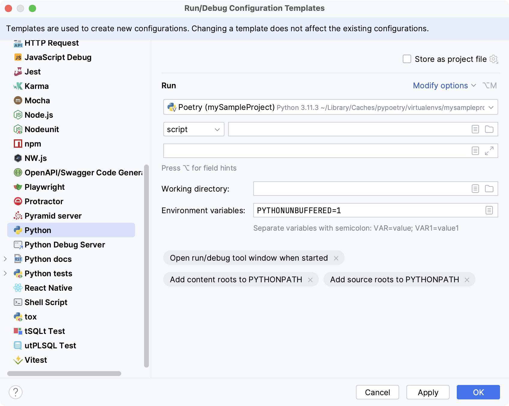 Run/Debug templates