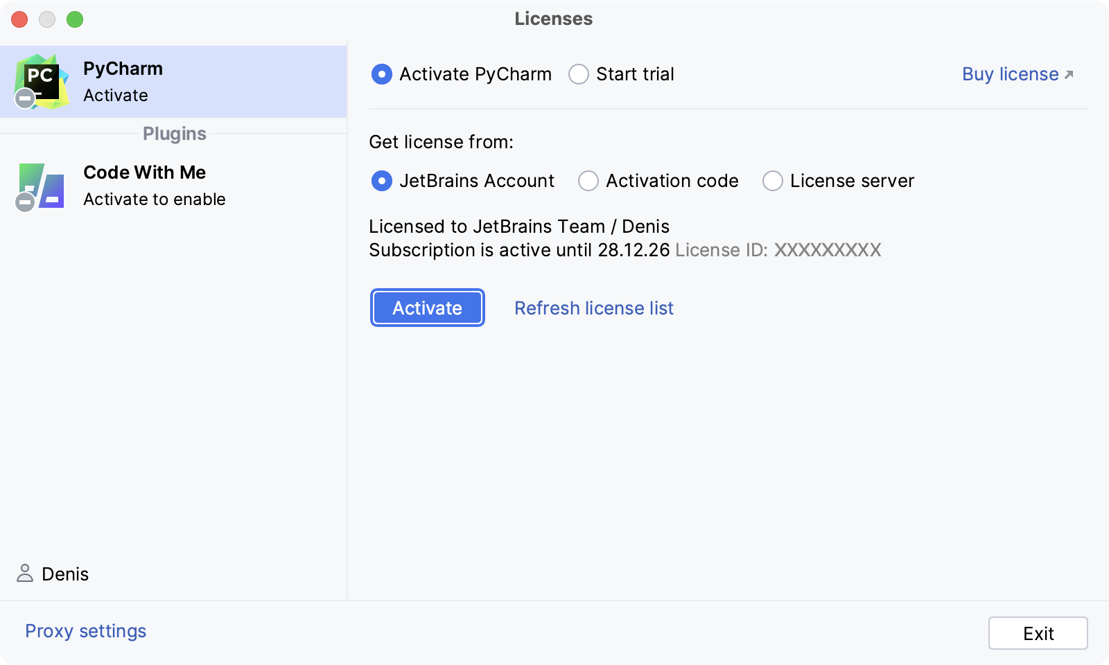 Activate PyCharm license with a JB Account. License details.