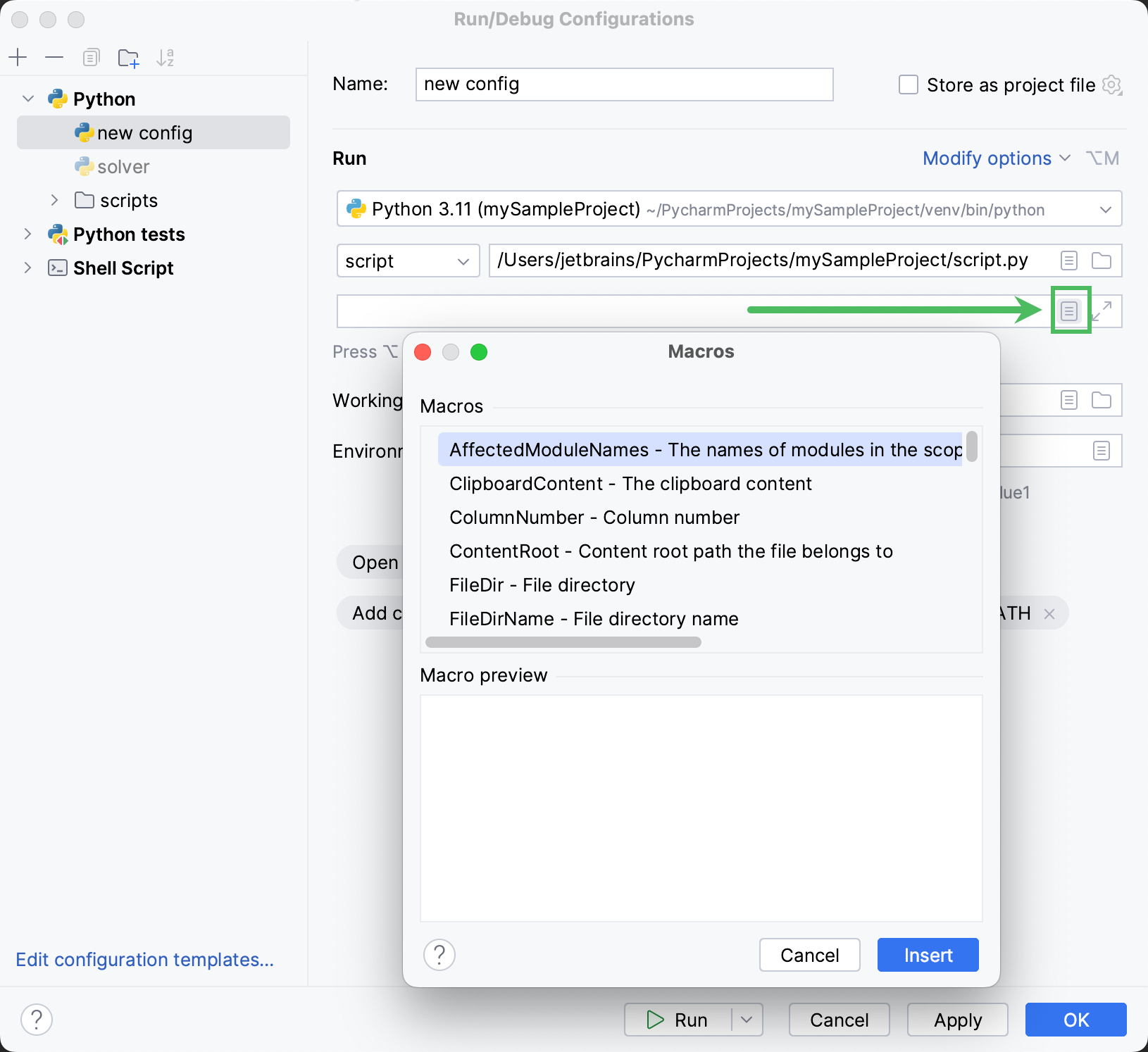 Adding macros to Python run configuration