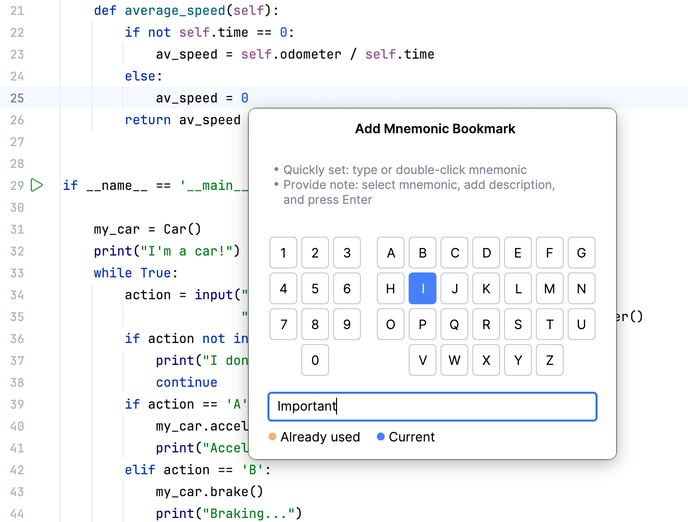 Adding a mnemonic bookmark: select an identifier