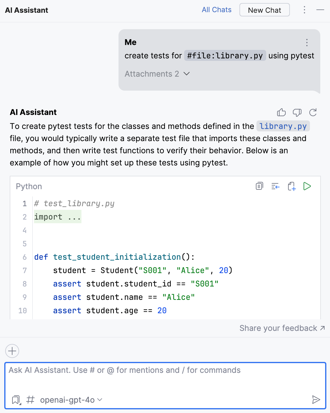 PyCharm: Asking AI Assistant programming-related questions