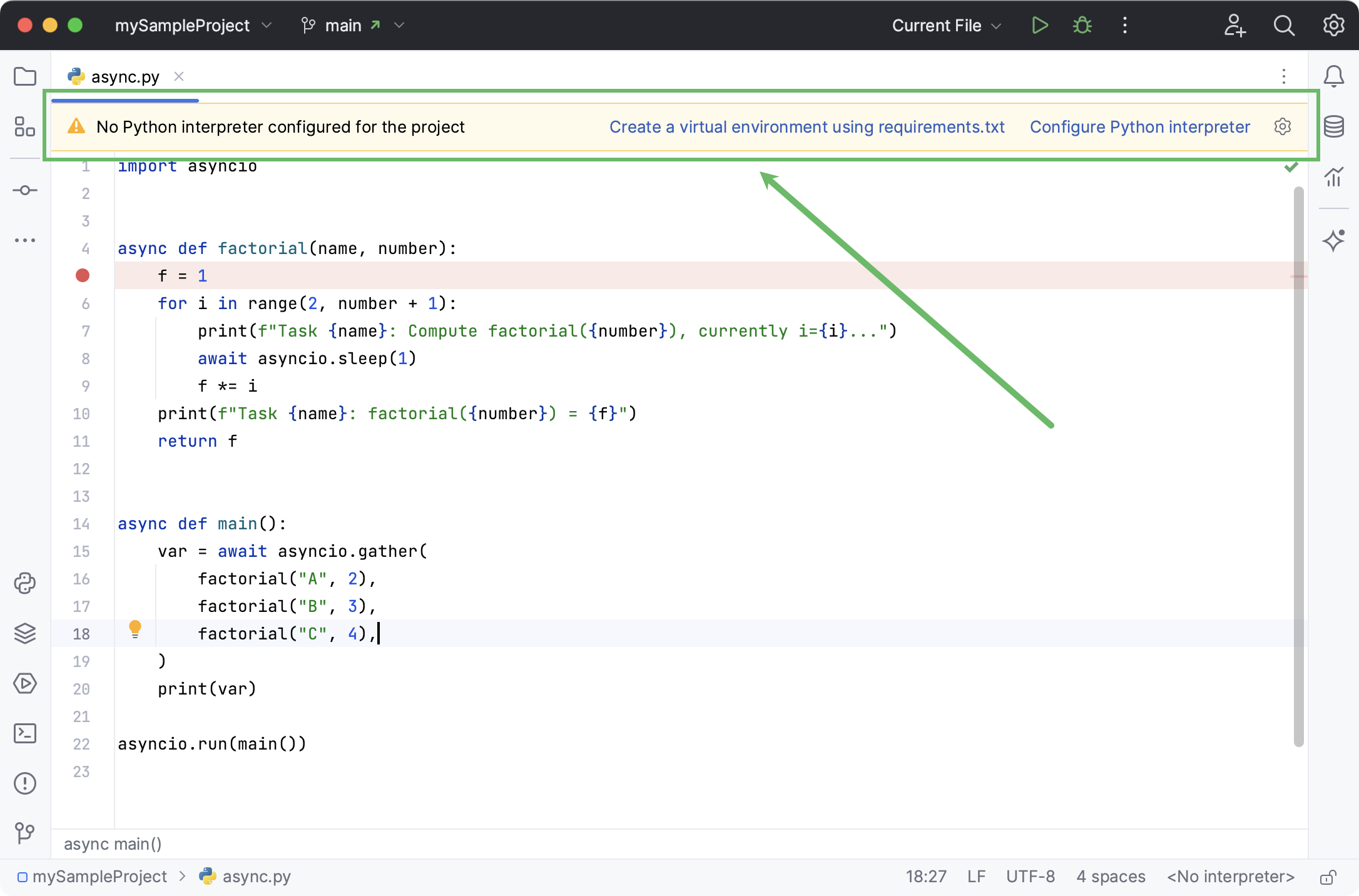 Warning with options for configuring a project interpreter