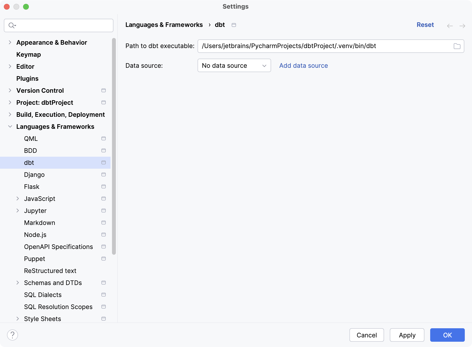 dbt settings dialog open