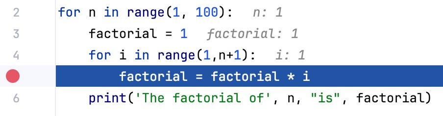 Variable values are displayed at the lines where they are used