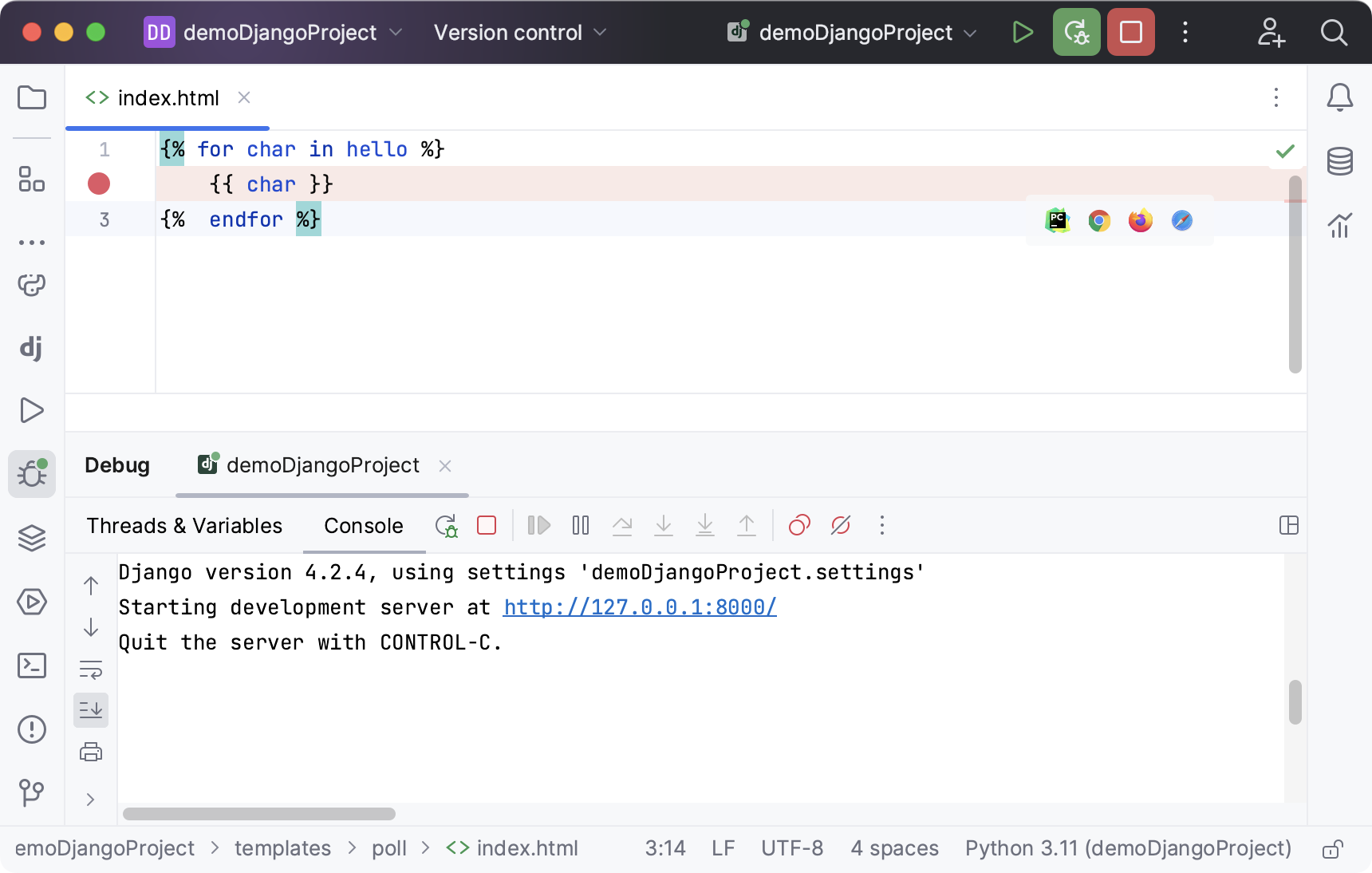 Debugging a Django template: launch debug configuration