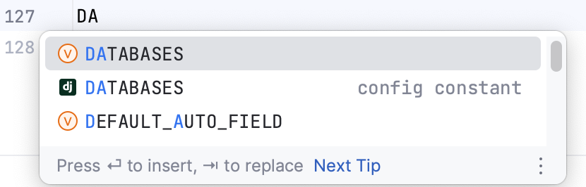 Completion for configuration constants in                             settings.py file