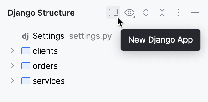 Creating a Django app in the Django Structure tool window