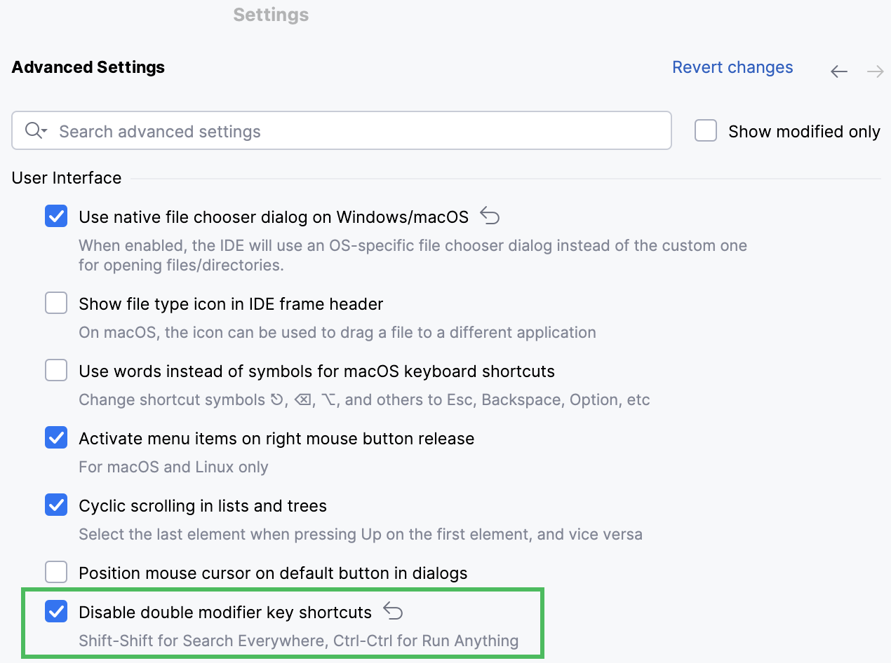 Disabling the double-key shortcuts