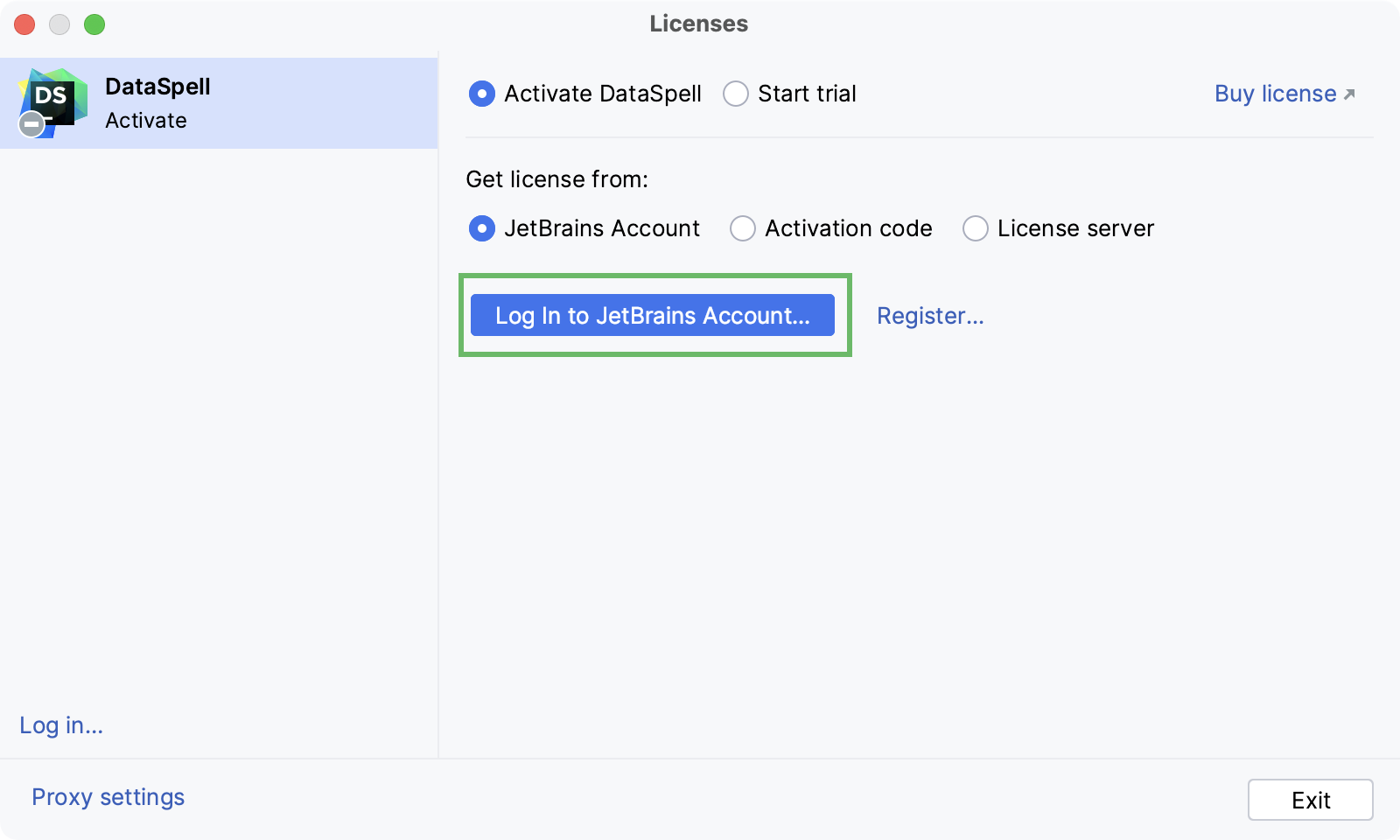 Activate DataSpell license with a JB Account