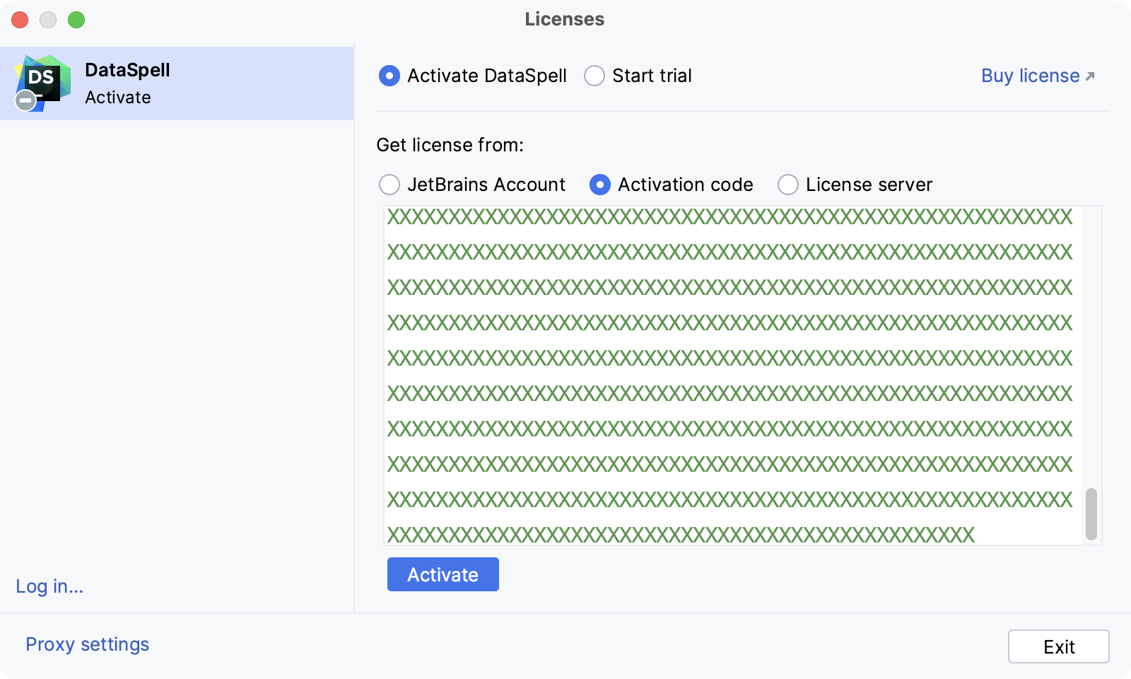 Activate DataSpell license with an activation code