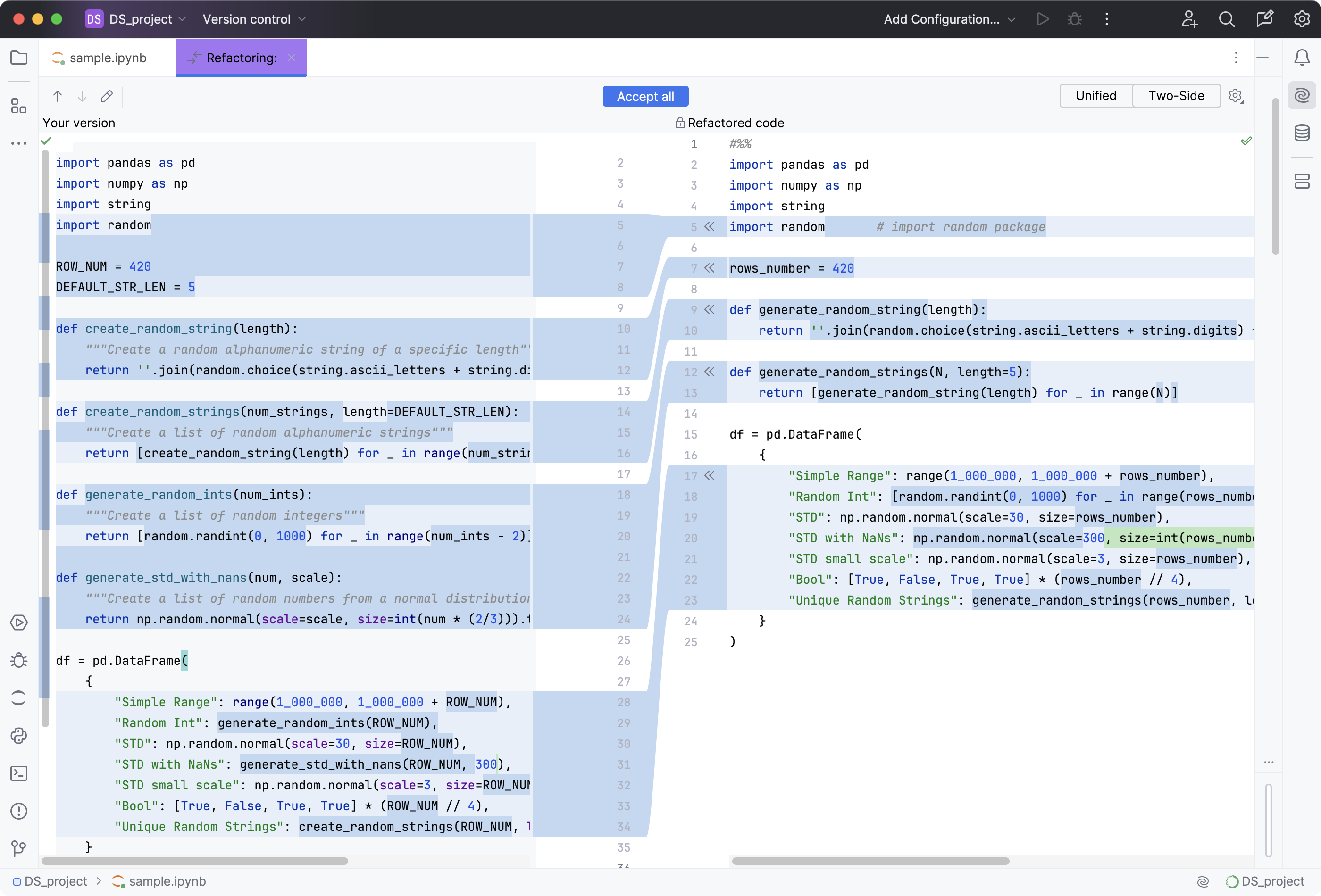 Diff tab with refactored code