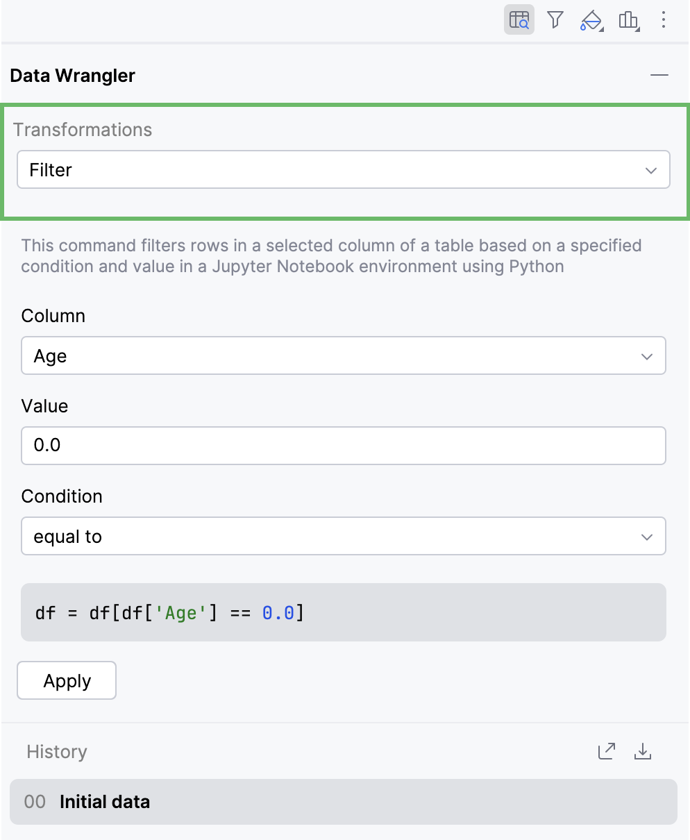 Data Wrangler transformations in the Data Wrangler tab