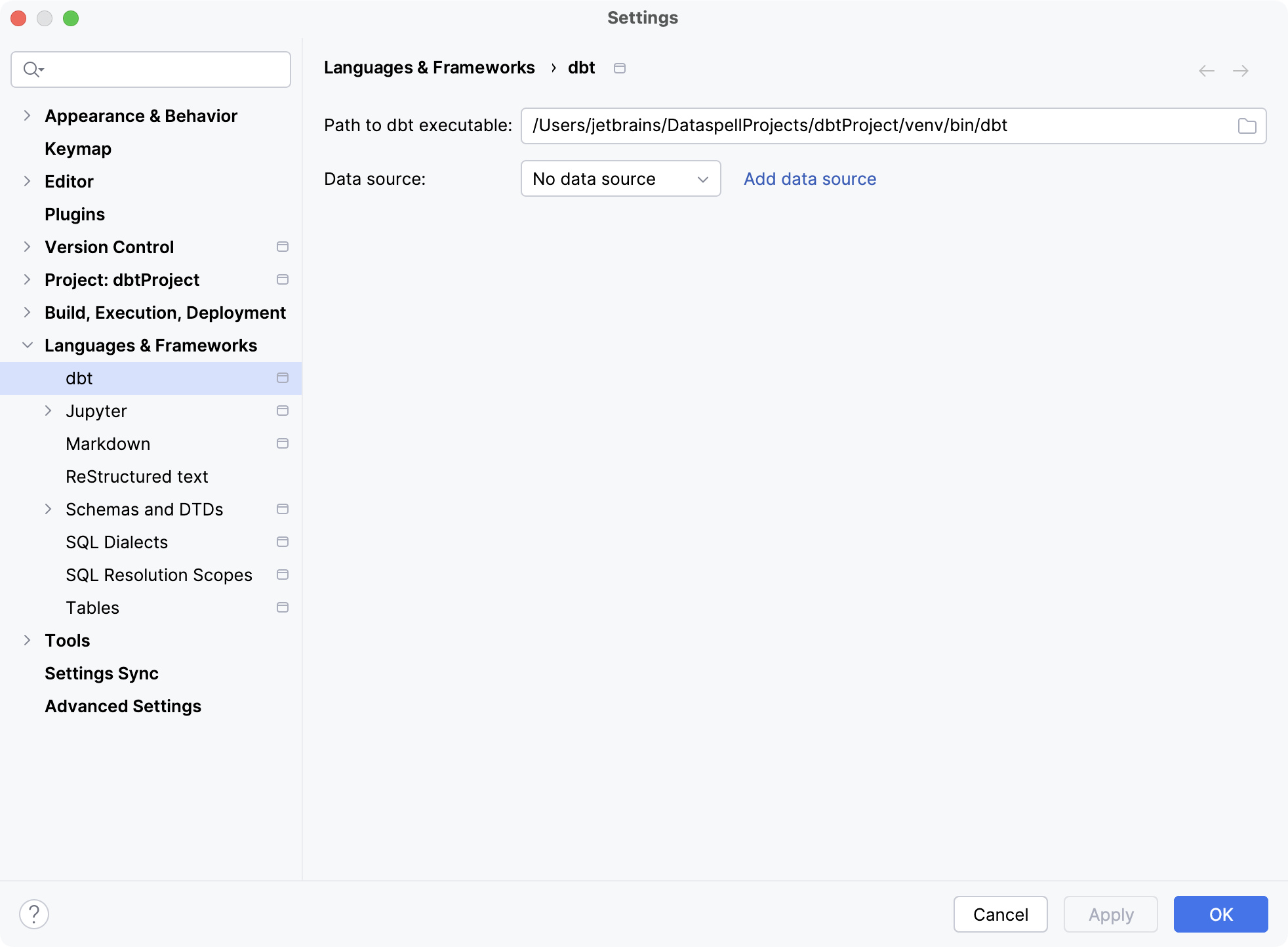 dbt settings dialog open