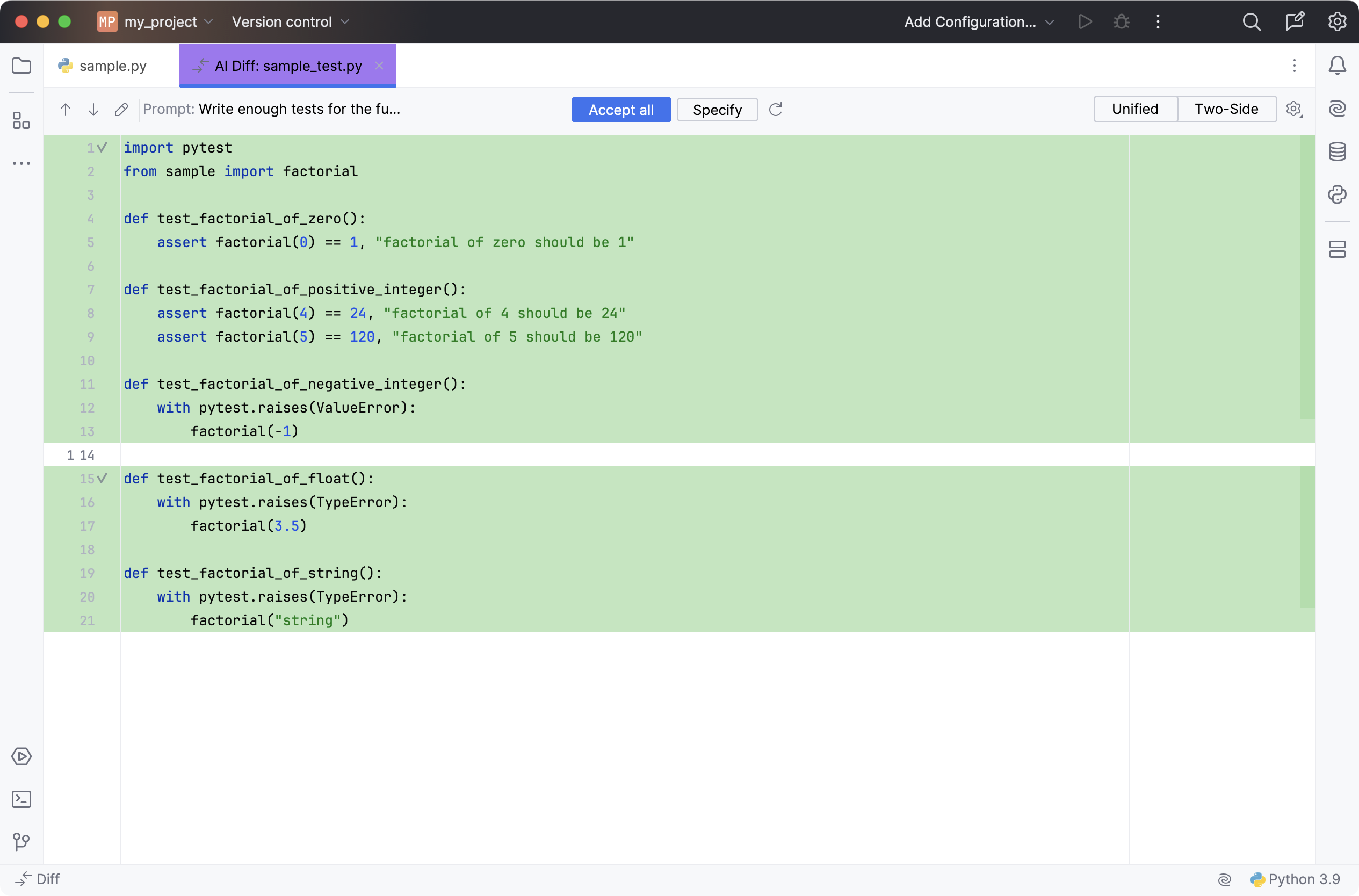 Generated unit test in a separate AI Diff tab