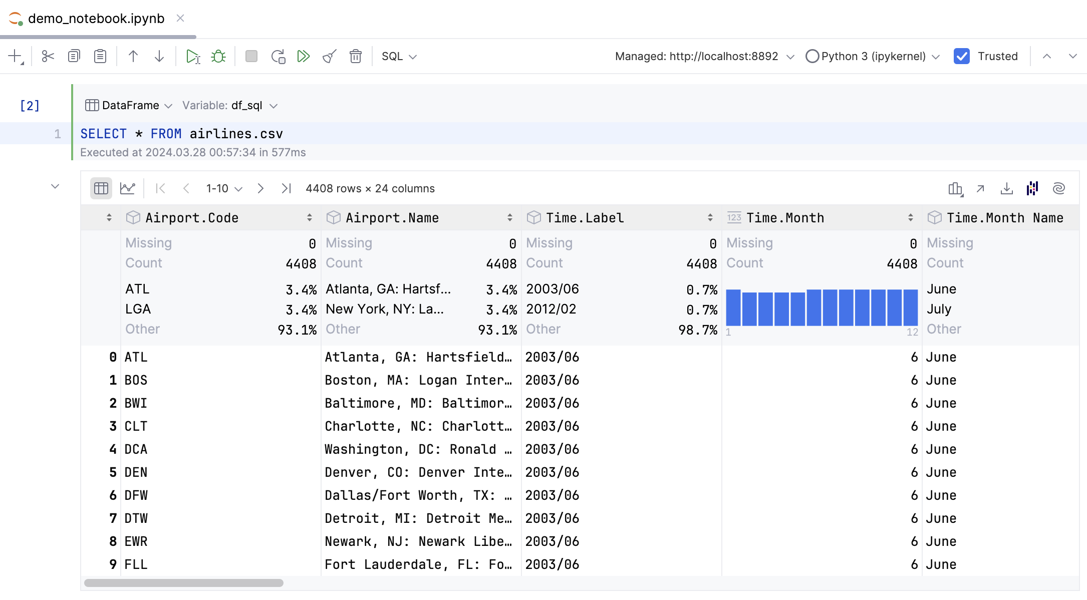 Query results displayed in dataframes