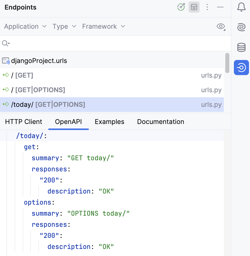 Endpoints tool window: OpenAPI tab