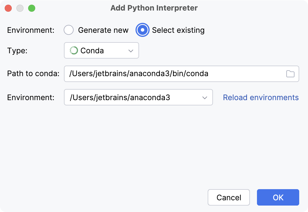 Select existing conda environment