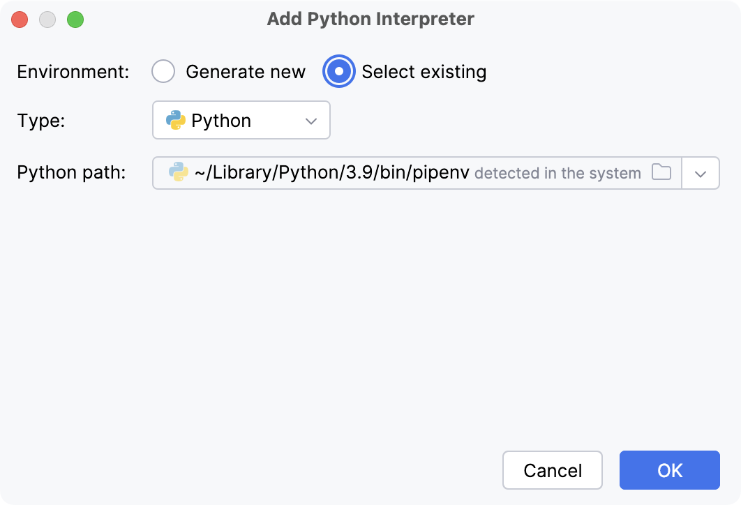 Select existing pipenv environment