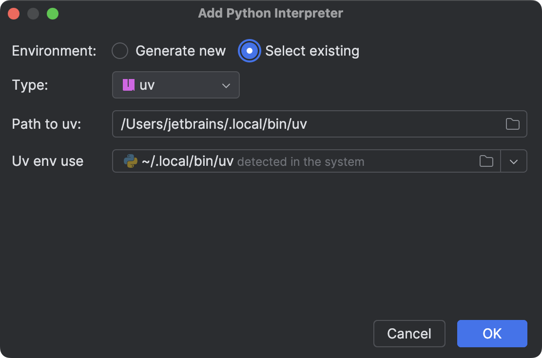 Configure a uv environment pycharm documentation