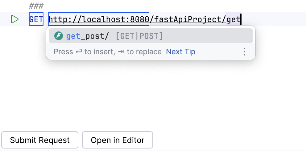Code completion in the HTTP client