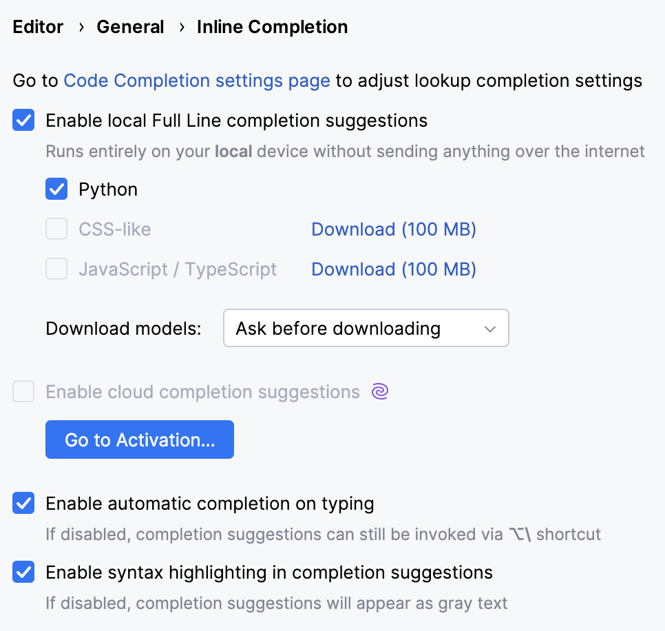 Enabling full line code completion