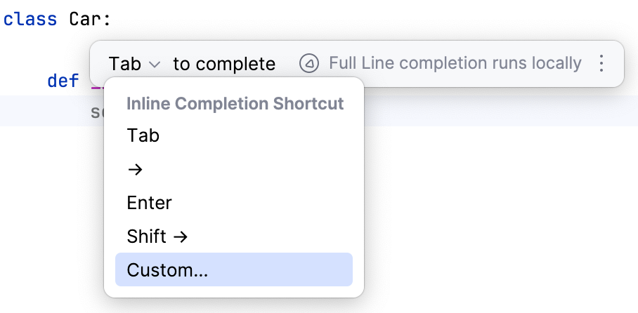 Full line code completion popup