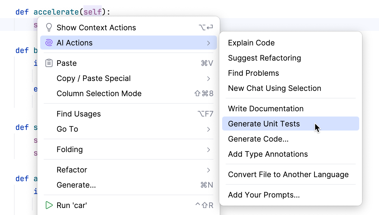 Generate Unit Tests action in context menu