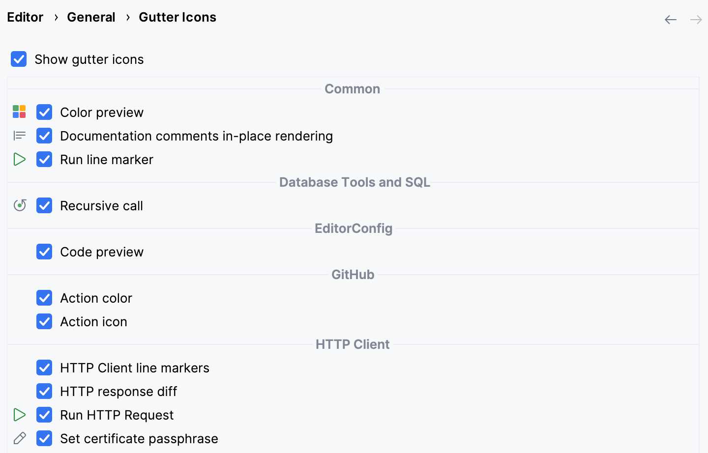 Gutter icons settings in the Preferences dialog