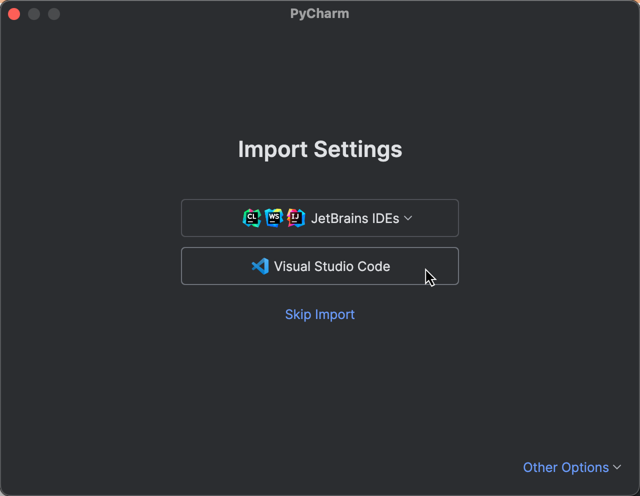 The Import Settings dialog with the cursor on the Visual Studio Code button