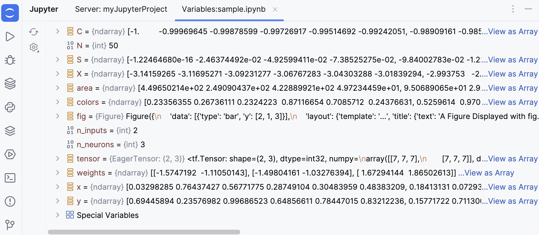 Jupyter server tool window: the Variables tab