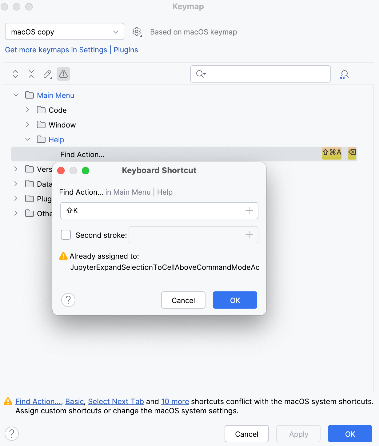 Adjust conflicting shortcuts