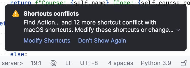 Conflicting shortcuts notification