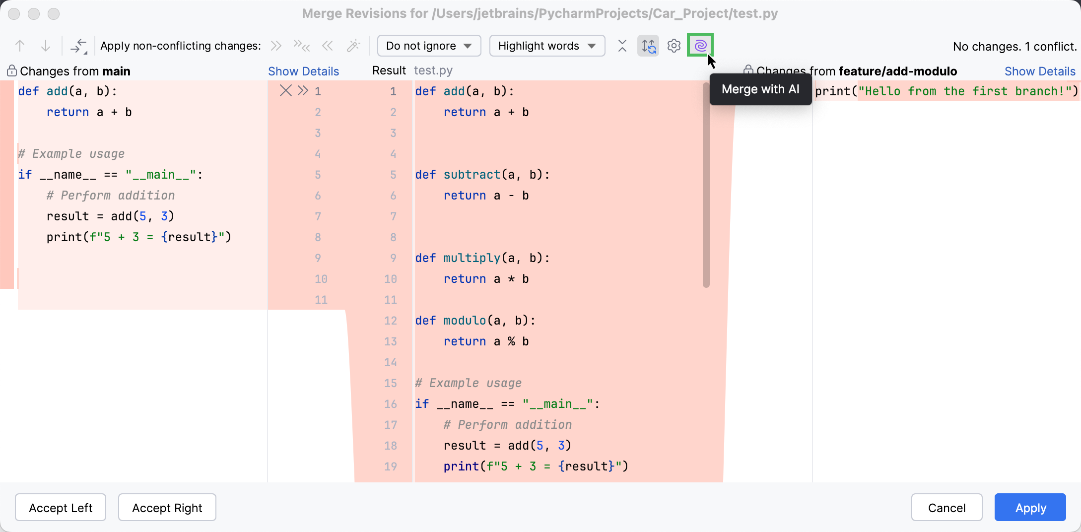 The Merge with AI option in the Merge Revisions dialog