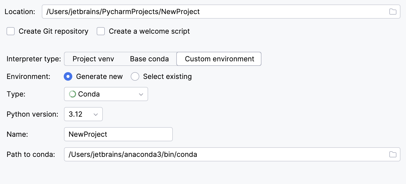 Create a project with a conda environment