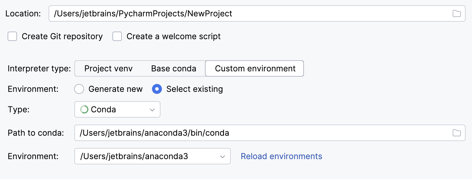 Selecting existing conda interpreter for a new project