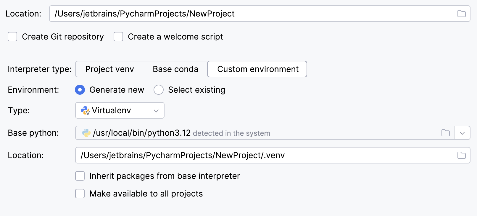 Create a project with virtualenv