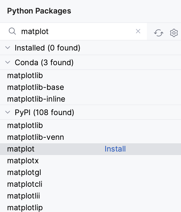 Search for the package in the Python Packages tool window