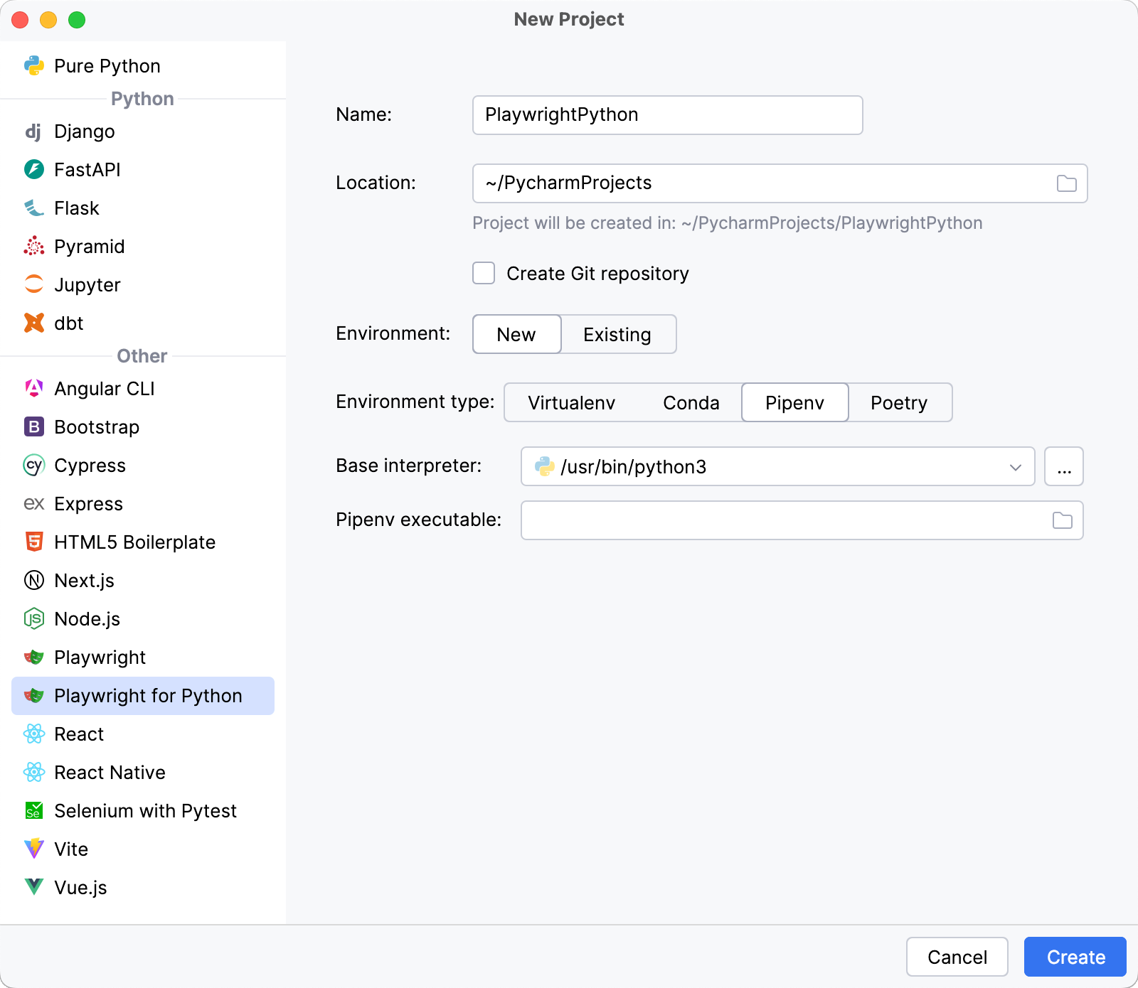 Configure a new Pipenv environment