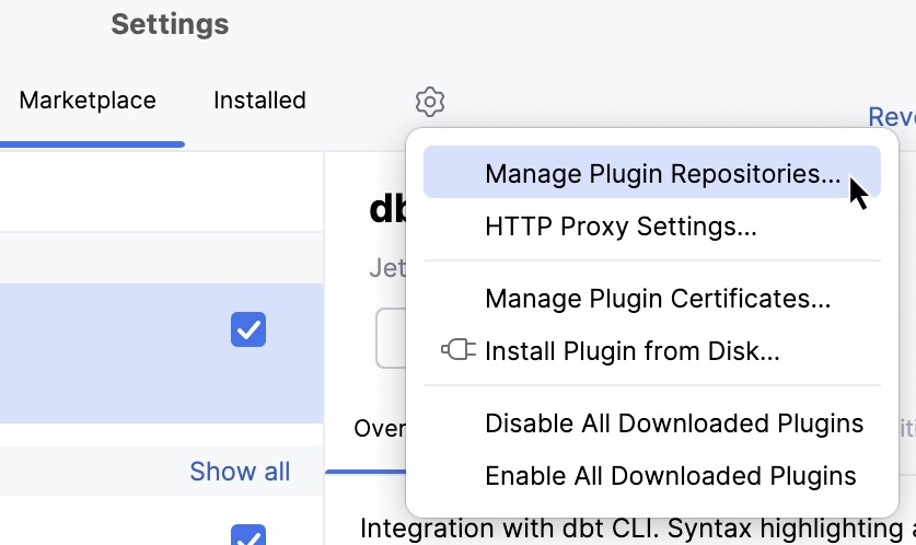 The Manage plugin repositories menu