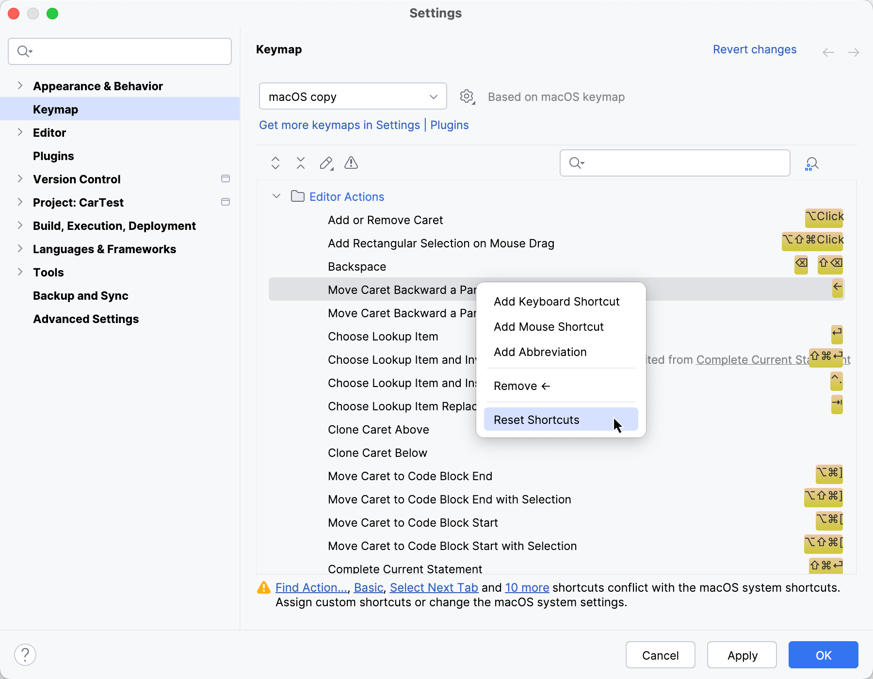 Reset a modified or newly assigned shortcut