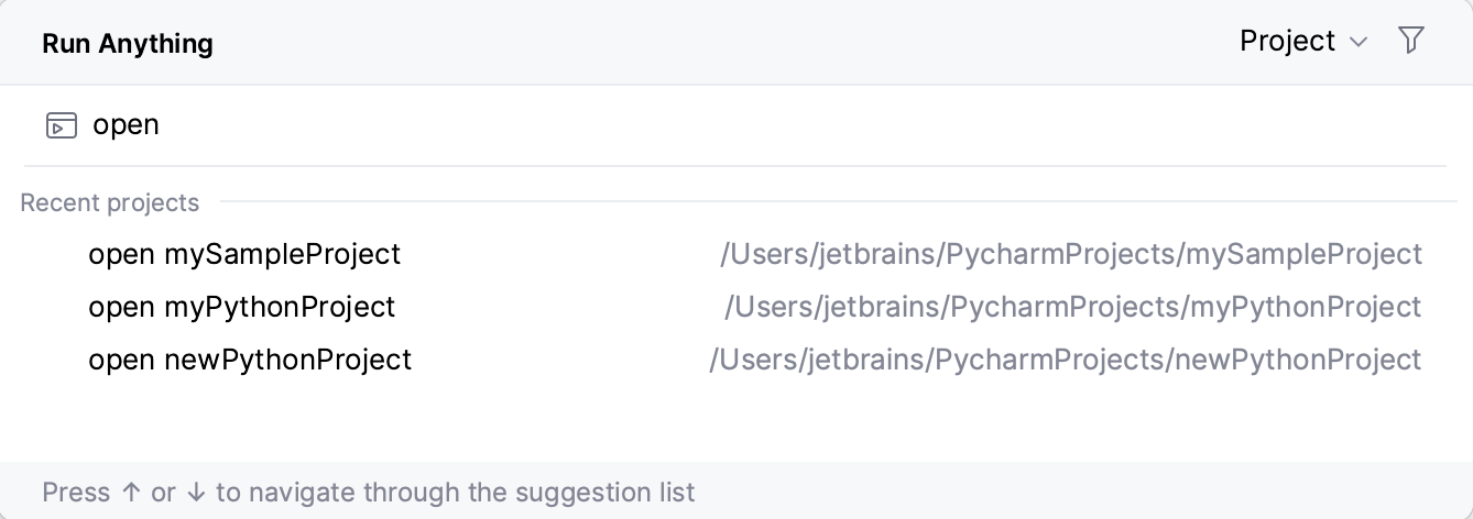 Opening a recent project from the Run Anything popup