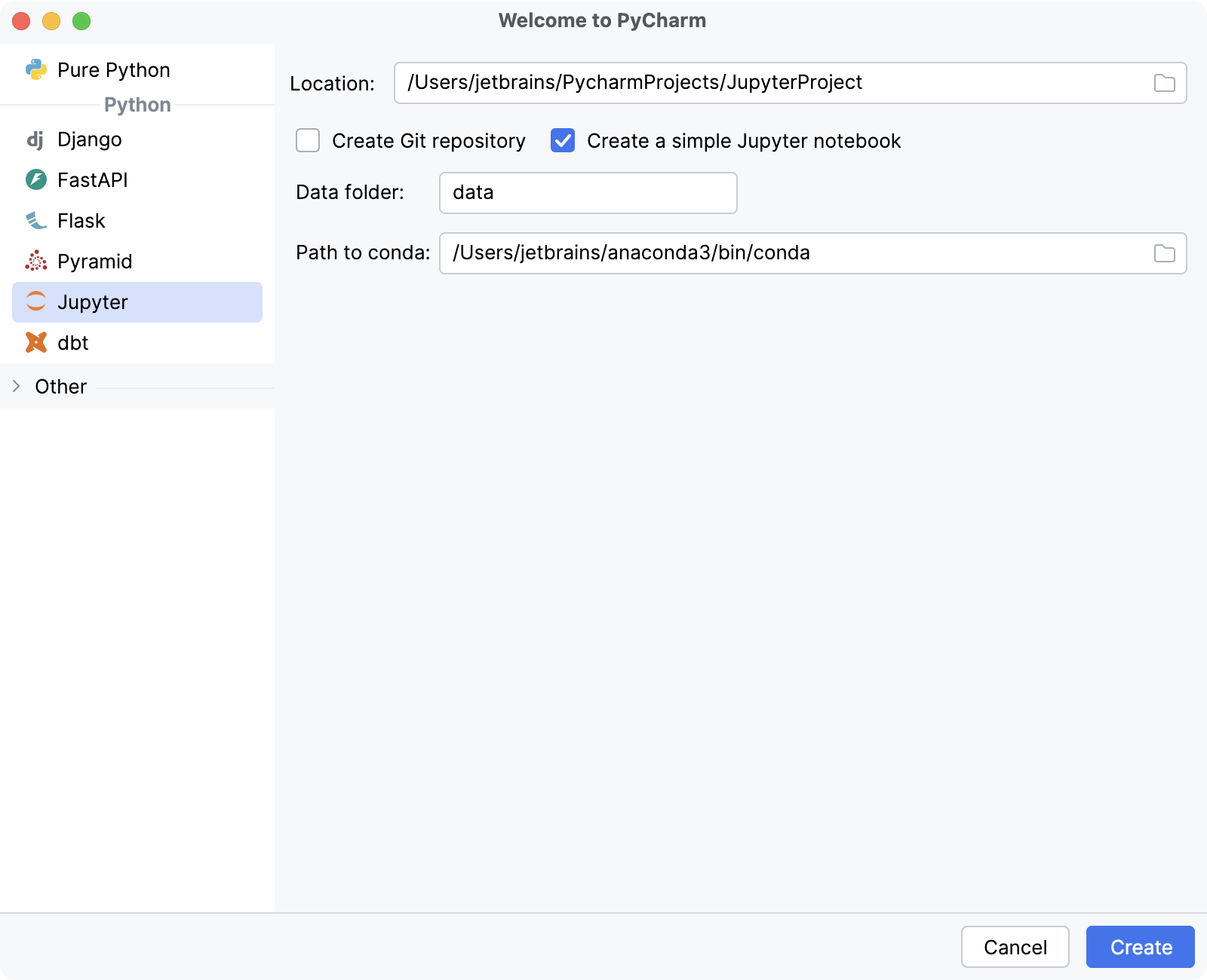 Creating a new Jupyter project in PyCharm