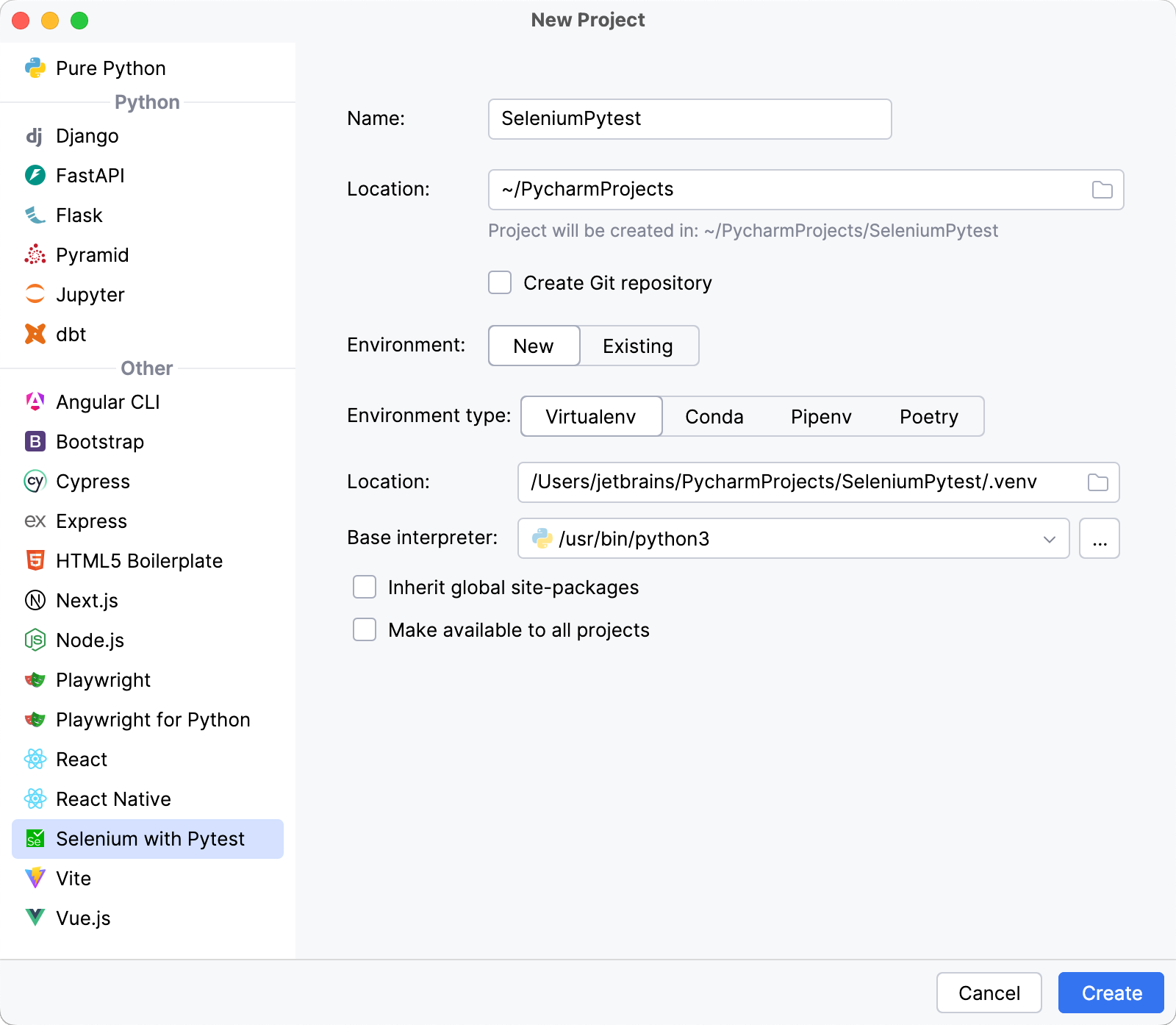 Creating a new Selenium with Pytest project