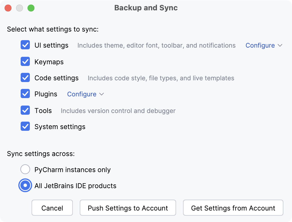 Settings Sync dialog