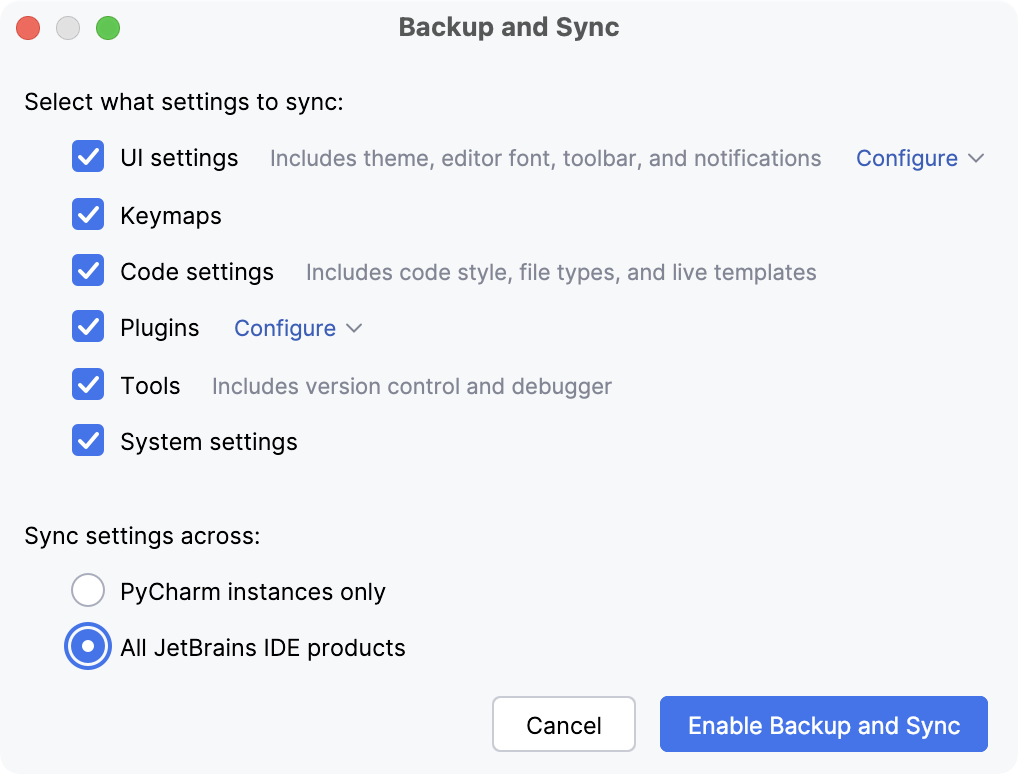 The Settings Sync window: no synced settings