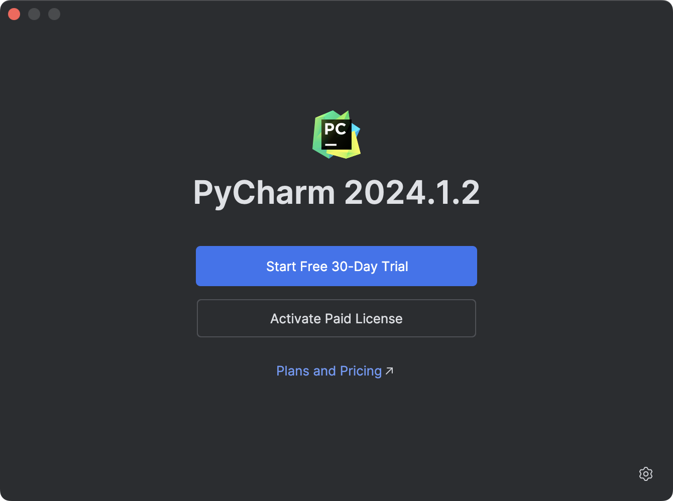 The Licenses dialog with the options to select whether to start a trial or activate PyCharm Professional