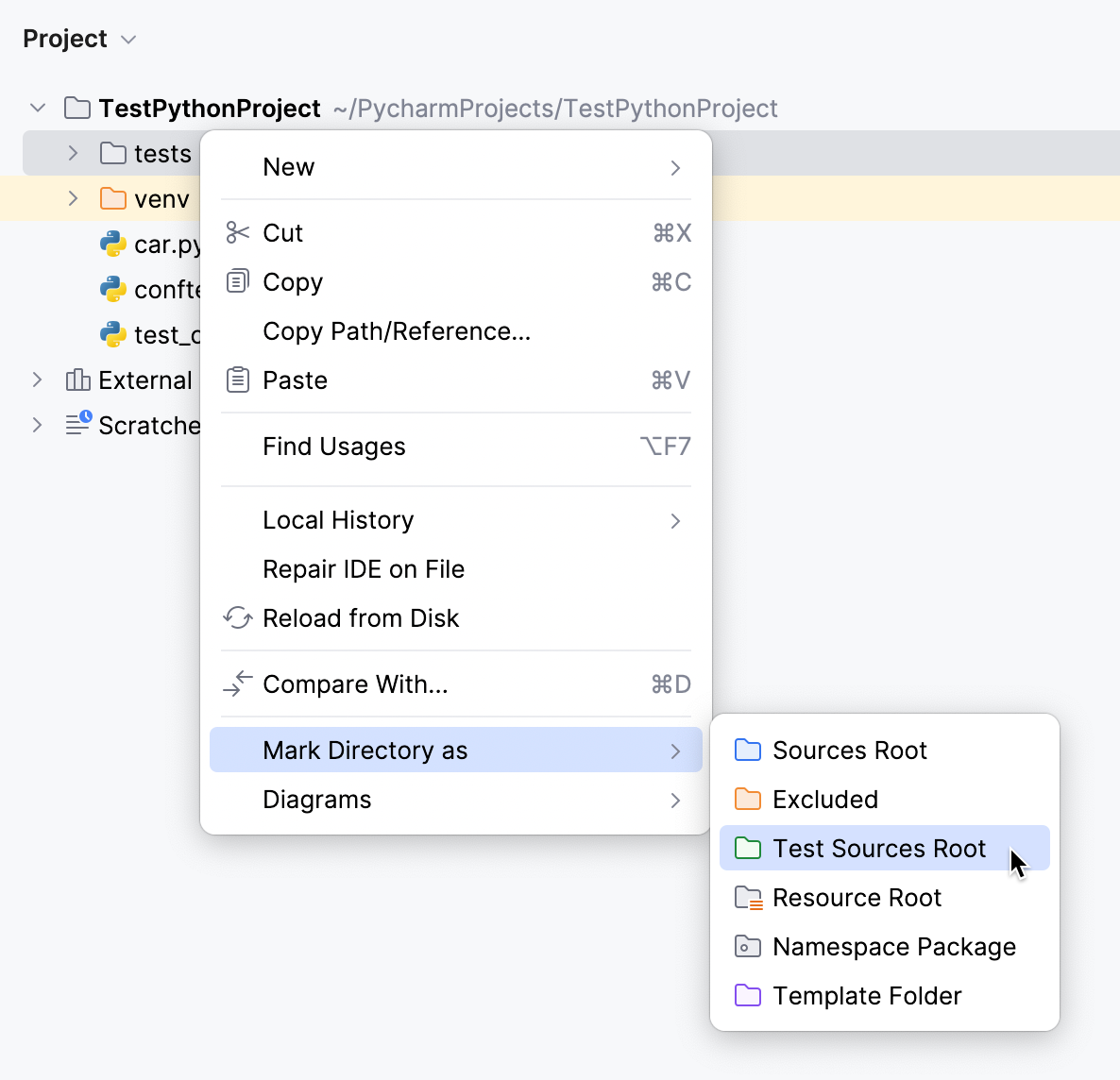 Creating the test sources root