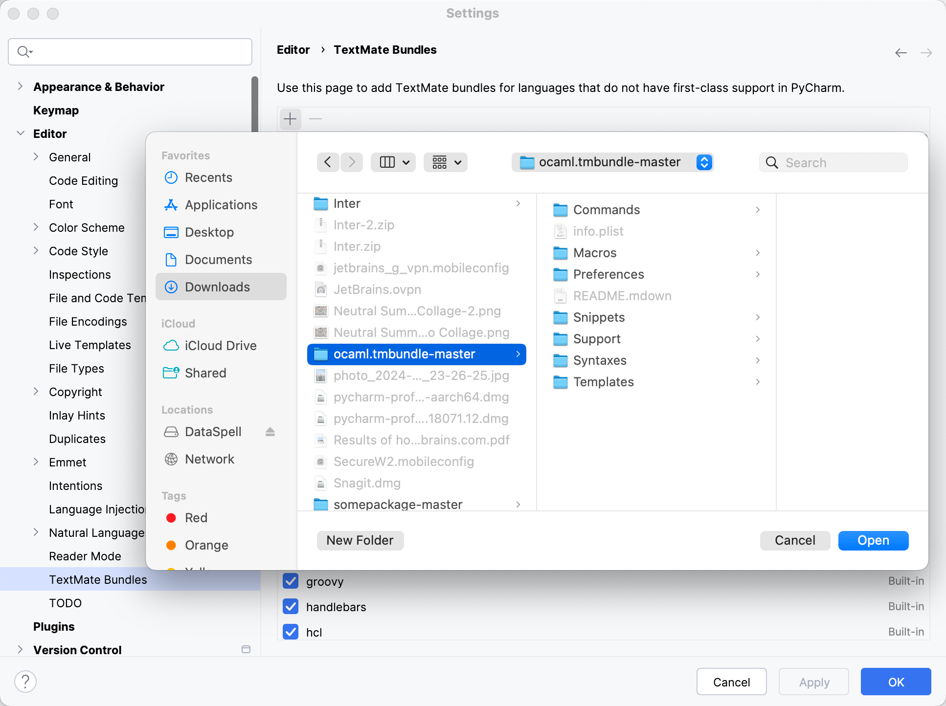 Adding a custom TextMate Bundles in the IDE settings