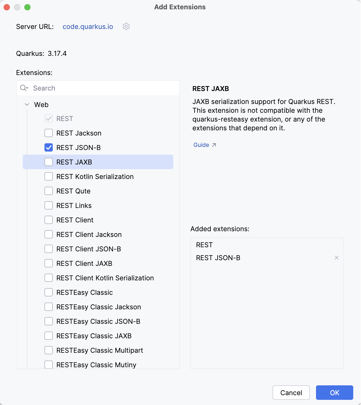 Quarkus Edit Extensions dialog