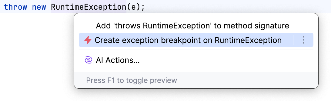 Create exception breakpoint option in the context menu